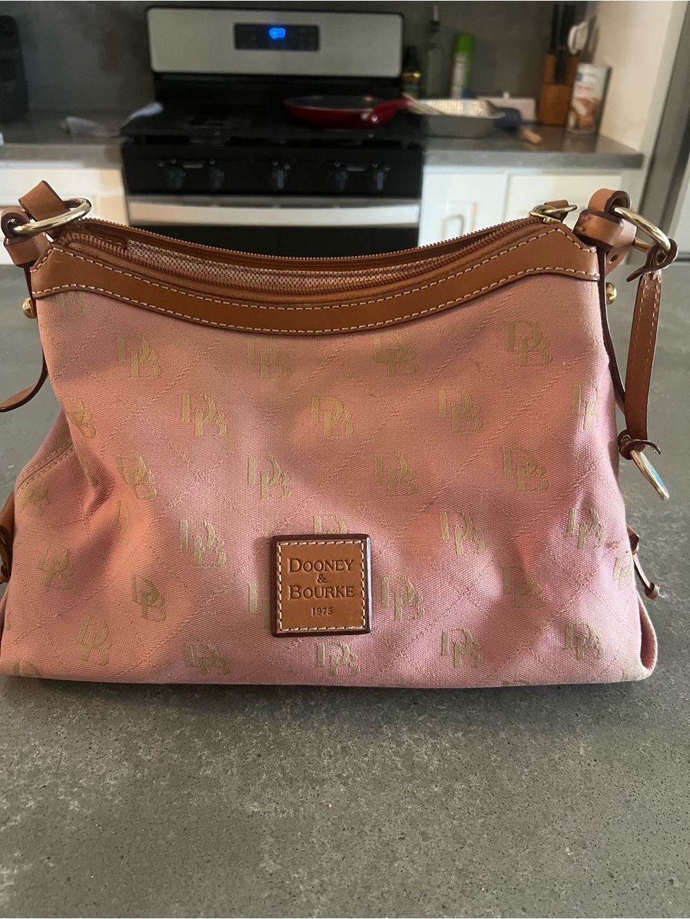 Dooney & Bourke Pink Logo Shoulder Bag with Brown Trim